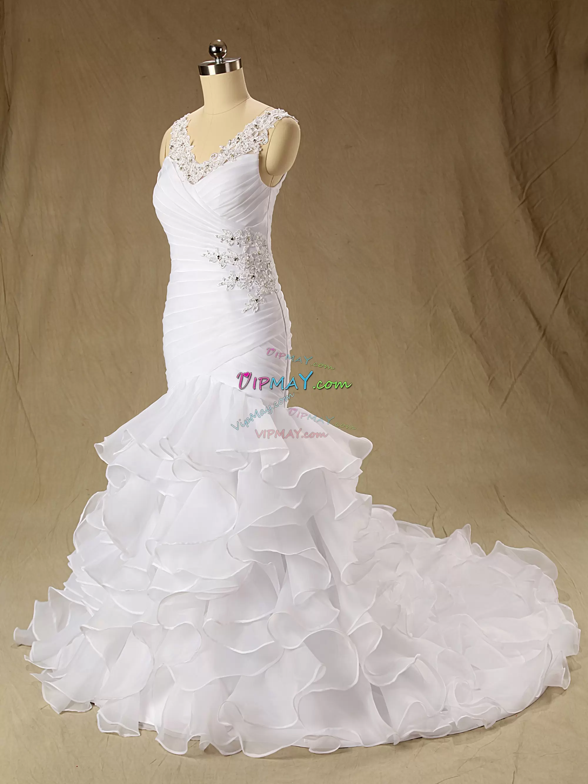 Sweet Sleeveless Organza Wedding Gown Beading and Appliques and Ruching Brush Train Lace Up