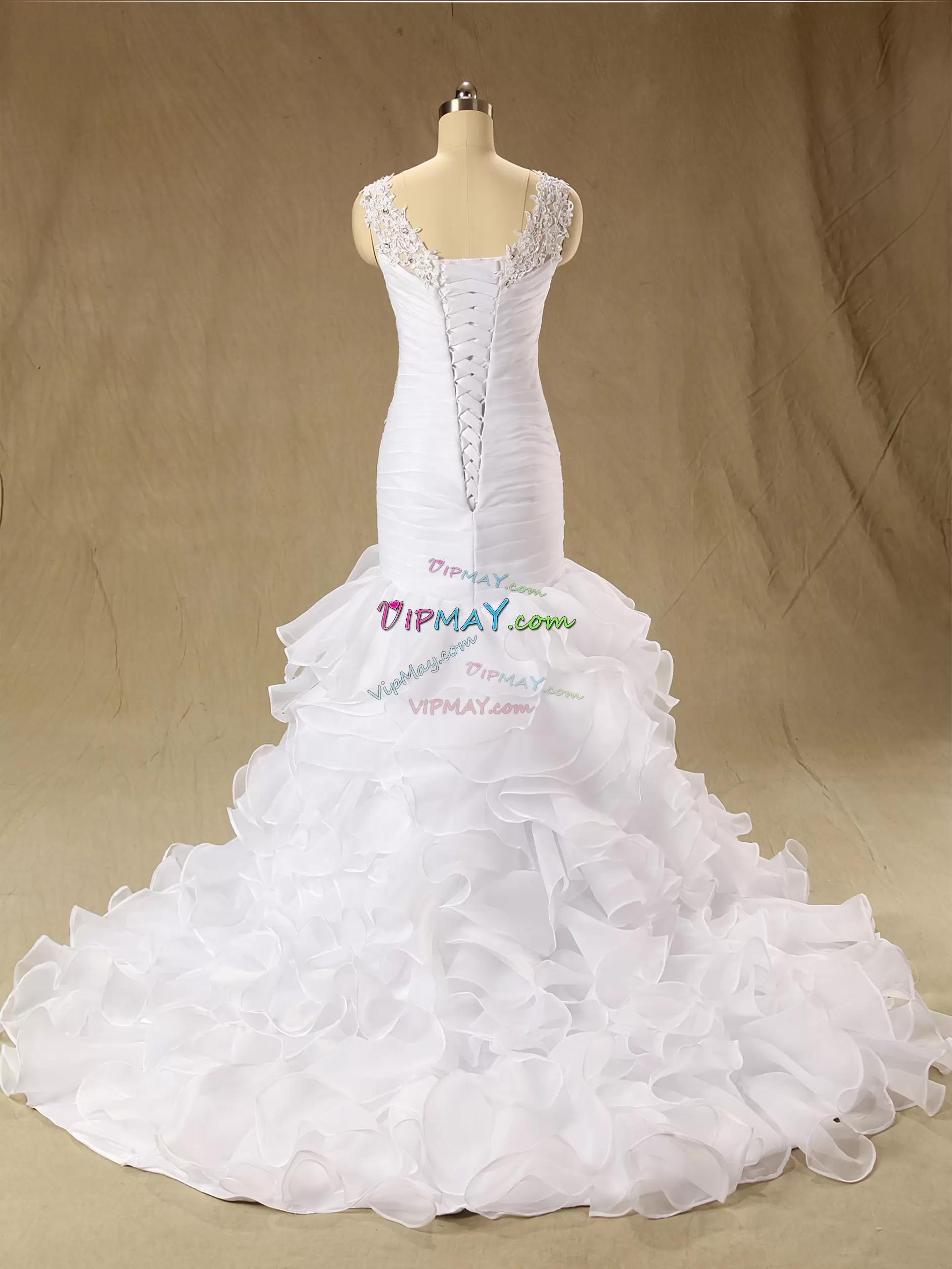 Sweet Sleeveless Organza Wedding Gown Beading and Appliques and Ruching Brush Train Lace Up