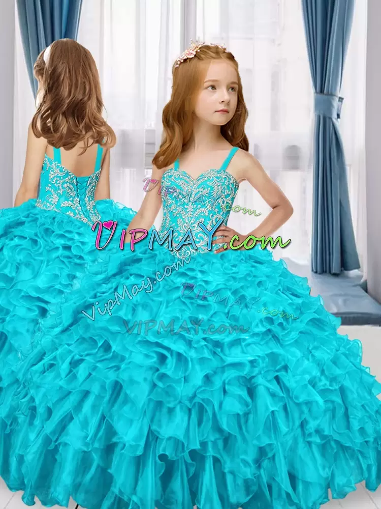 Luxurious Straps Sleeveless Organza Glitz Pageant Dress Beading and Ruffles Lace Up