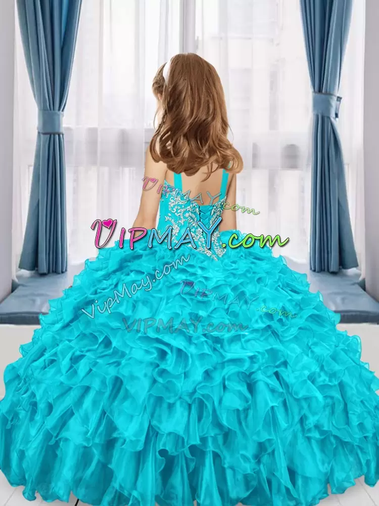 Luxurious Straps Sleeveless Organza Glitz Pageant Dress Beading and Ruffles Lace Up