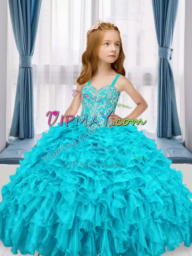 Luxurious Straps Sleeveless Organza Glitz Pageant Dress Beading and Ruffles Lace Up