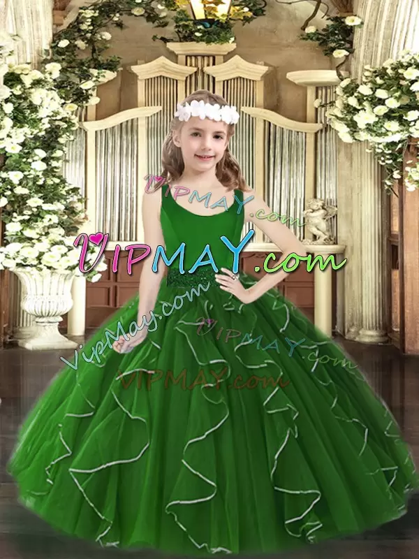 Floor Length Dark Green Pageant Dress for Teens Organza Sleeveless Beading and Ruffles