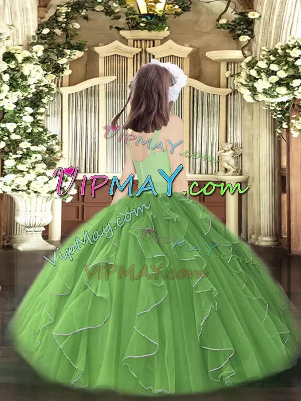 Floor Length Dark Green Pageant Dress for Teens Organza Sleeveless Beading and Ruffles