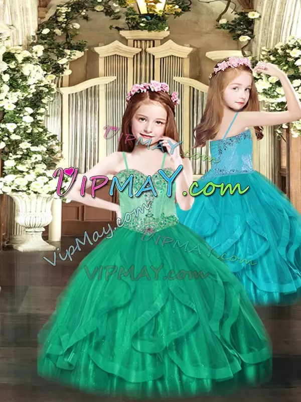 Lovely Ball Gowns Pageant Dress for Girls Turquoise Spaghetti Straps Tulle Sleeveless Floor Length Lace Up