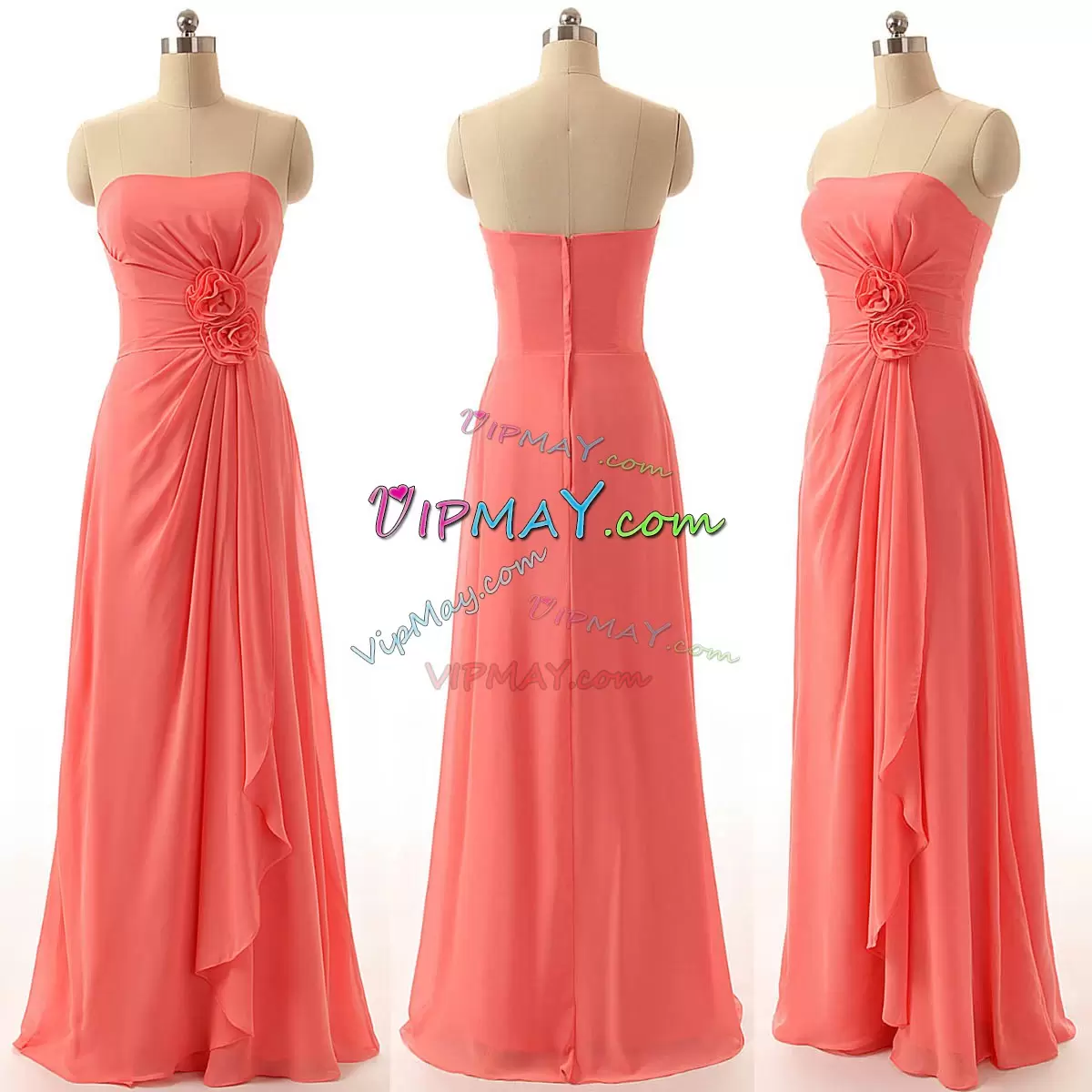 Coral Red Empire Chiffon Strapless Sleeveless Ruching Floor Length Zipper Bridesmaid Dress