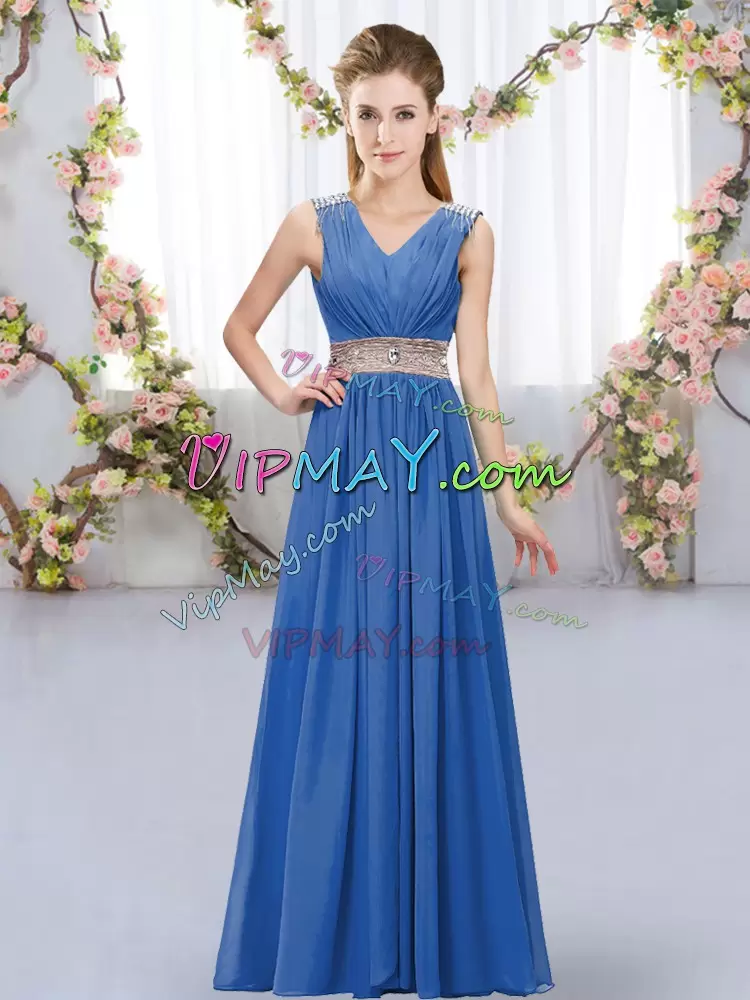 Sleeveless V-neck Beading and Belt Lace Up Bridesmaids Dress