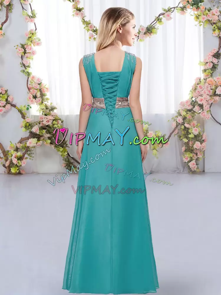 Sleeveless V-neck Beading and Belt Lace Up Bridesmaids Dress