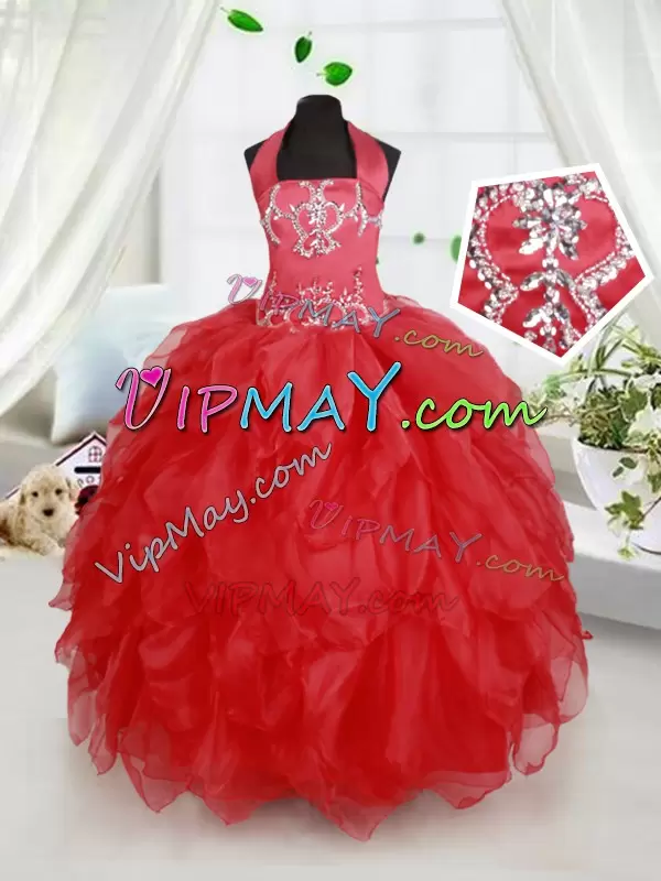 Red Sleeveless Organza Lace Up Glitz Pageant Dress for Quinceanera and Wedding Party