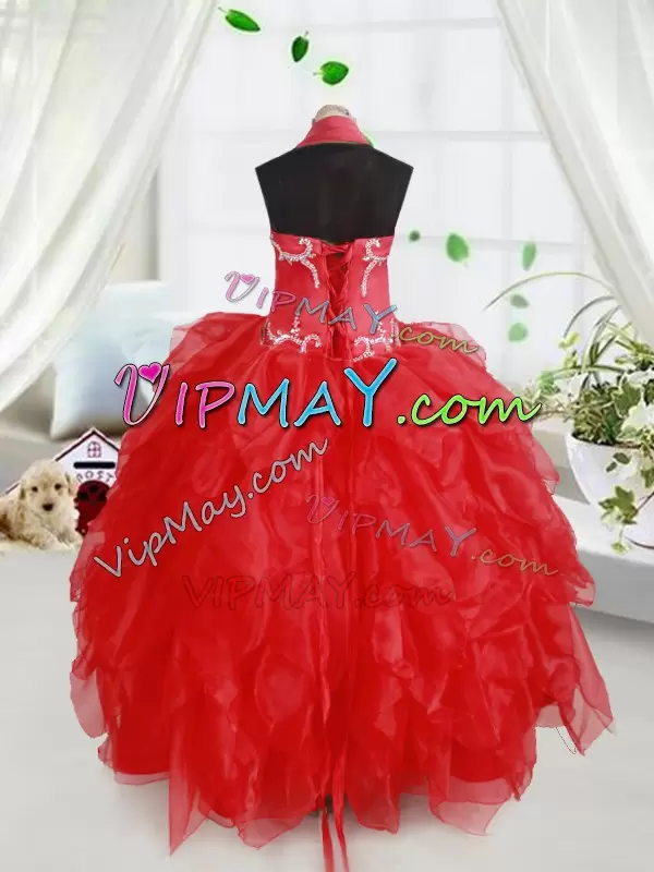 Red Sleeveless Organza Lace Up Glitz Pageant Dress for Quinceanera and Wedding Party