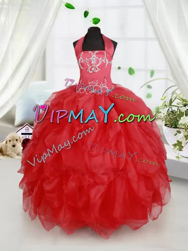 Red Sleeveless Organza Lace Up Glitz Pageant Dress for Quinceanera and Wedding Party