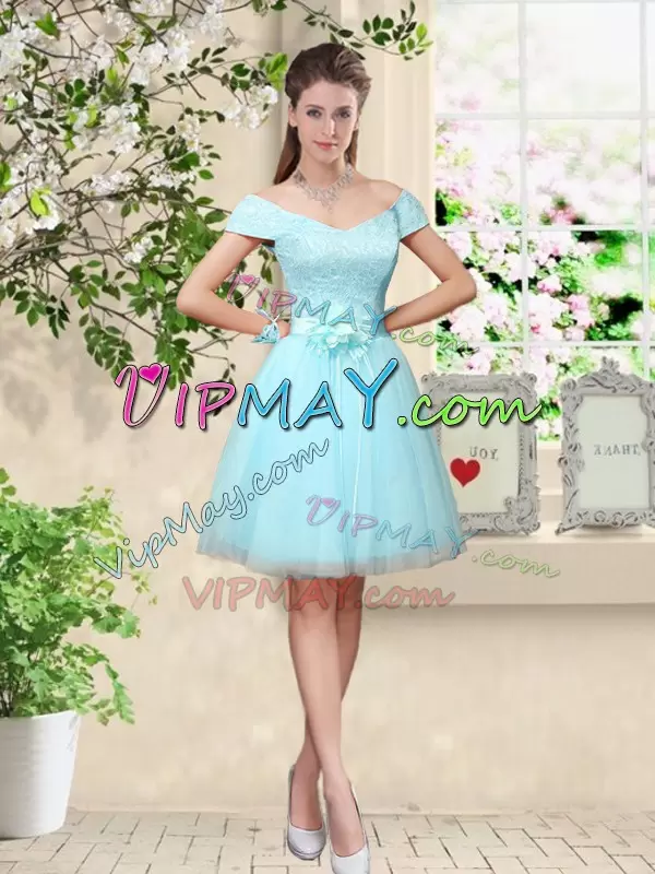 Cap Sleeves Knee Length Lace and Belt Lace Up Bridesmaid Dress with Aqua Blue