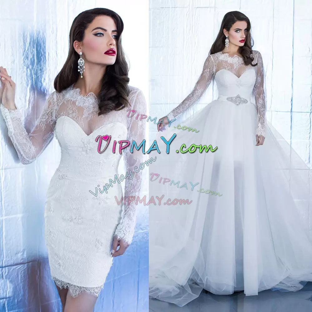 Top Selling White Two Pieces Lace Wedding Gowns Lace Up Tulle Long Sleeves