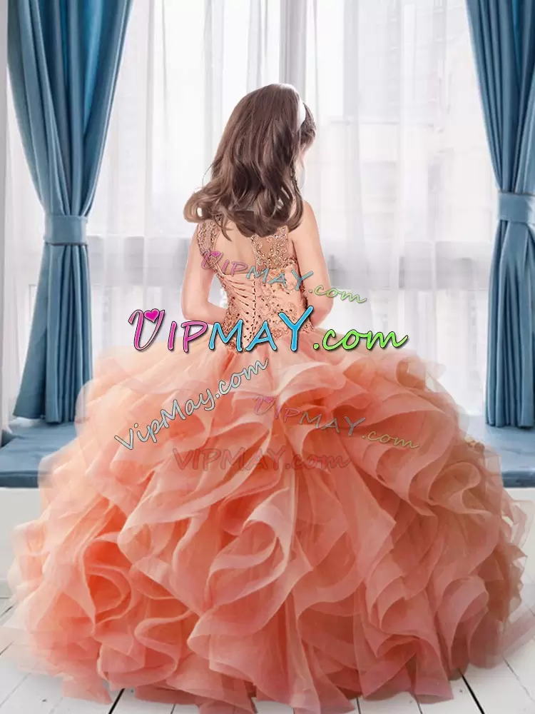 Floor Length Lace Up Pageant Dress for Girls Orange for Military Ball and Sweet 16 and Quinceanera with Beading and Lace Sweep Train
