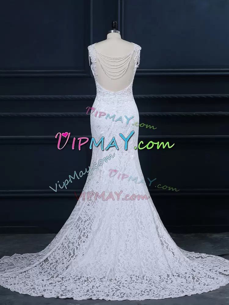 Amazing Scoop Sleeveless Wedding Gown Brush Train Lace White Lace