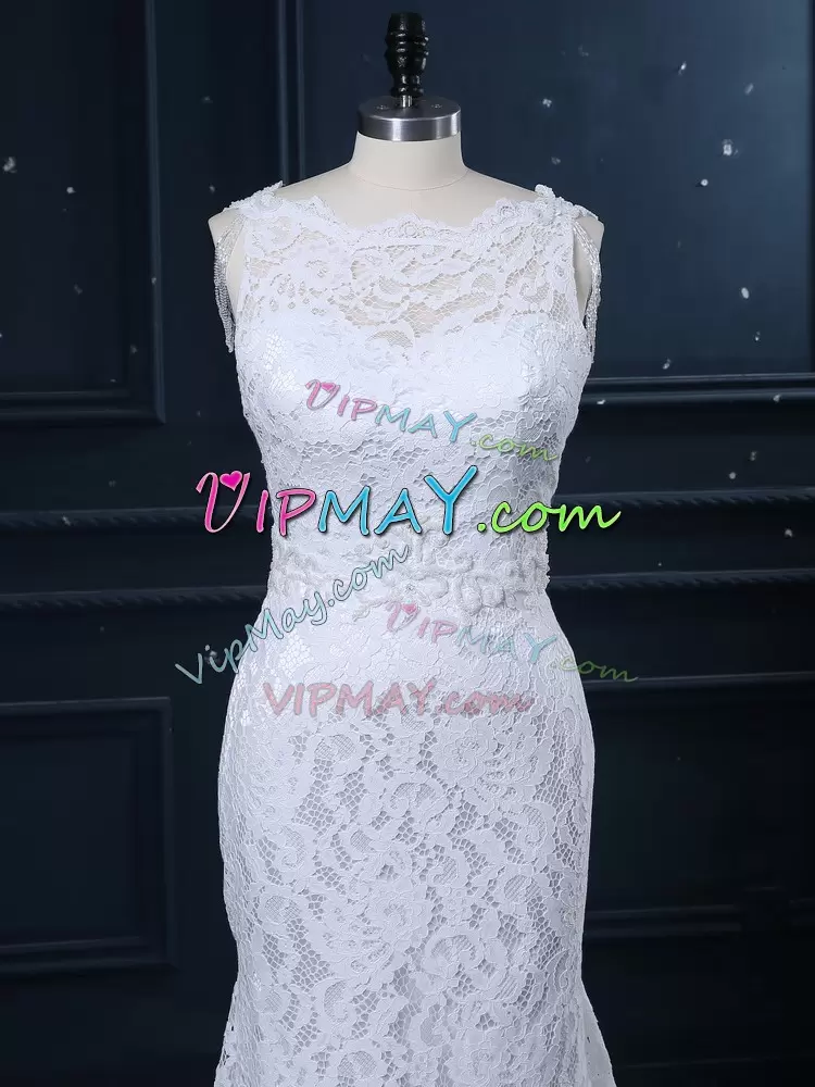 Amazing Scoop Sleeveless Wedding Gown Brush Train Lace White Lace