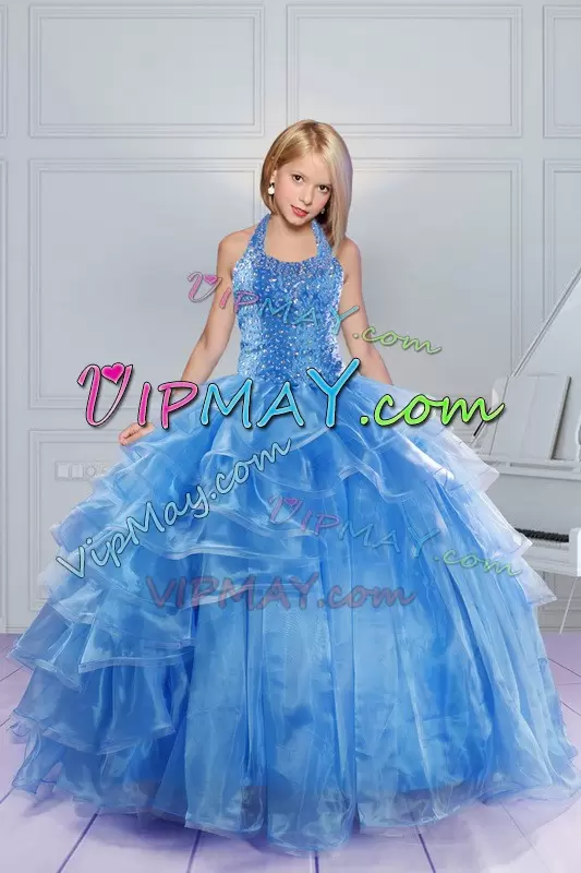 Unique Baby Blue Halter Top Lace Up Beading and Ruffles Little Girls Pageant Dress Sleeveless