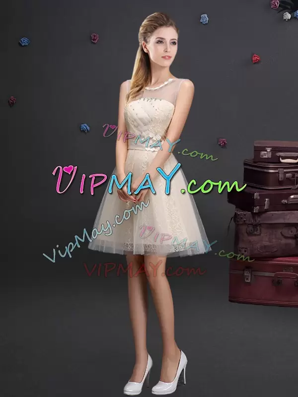 Champagne Sleeveless Mini Length Beading and Lace and Appliques and Belt Lace Up Vestidos de Damas Scoop