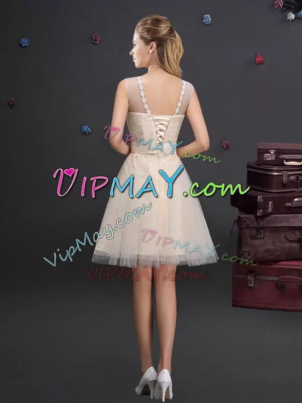 Champagne Sleeveless Mini Length Beading and Lace and Appliques and Belt Lace Up Vestidos de Damas Scoop