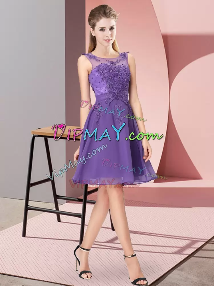 Deluxe Scoop Sleeveless Zipper Bridesmaid Dress Lavender Chiffon Appliques