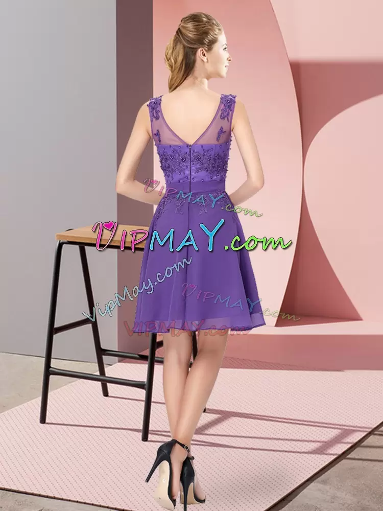 Deluxe Scoop Sleeveless Zipper Bridesmaid Dress Lavender Chiffon Appliques