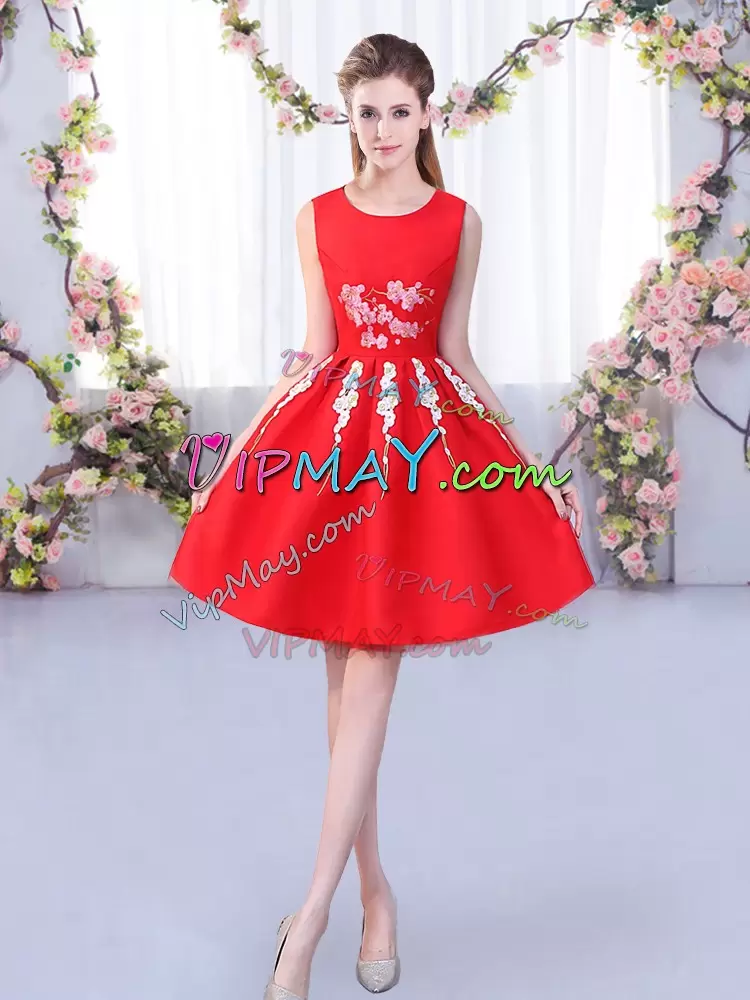 Fashion Knee Length Zipper Quinceanera Court of Honor Dress Red for Wedding Party with Appliques