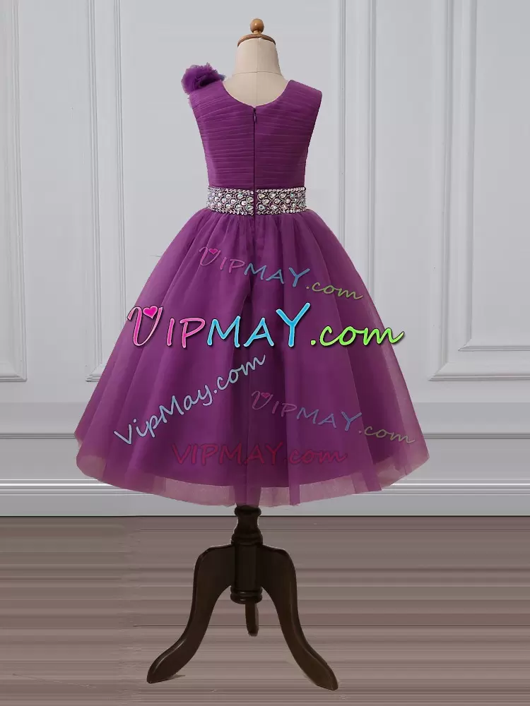 Top Selling Sleeveless Scoop Zipper Tea Length Beading and Hand Made Flower Flower Girl Dresses Scoop