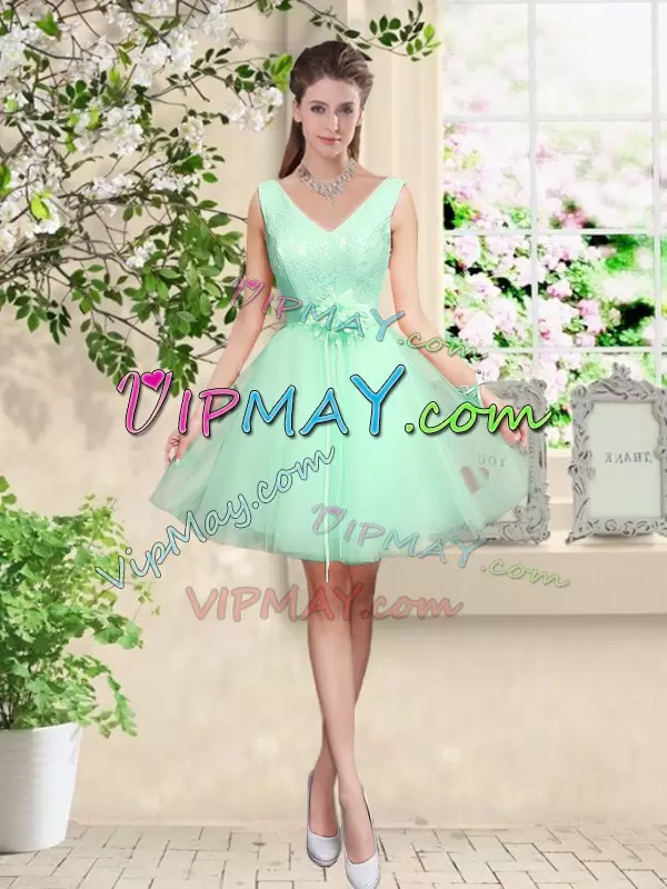 Luxurious Apple Green Sleeveless Knee Length Lace and Belt Lace Up Vestidos de Damas V-neck