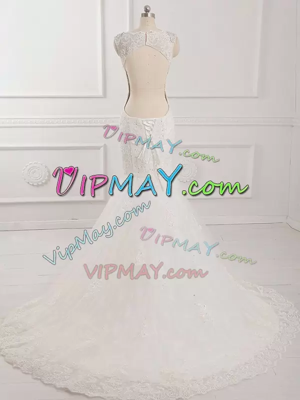 Colorful White Wedding Dress Scalloped Sleeveless Brush Train Backless