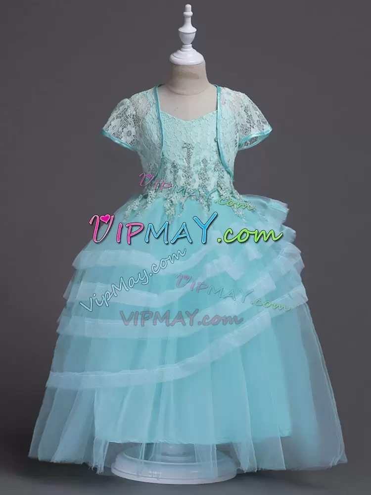 Attractive Floor Length Aqua Blue Flower Girl Dresses Spaghetti Straps Sleeveless Zipper