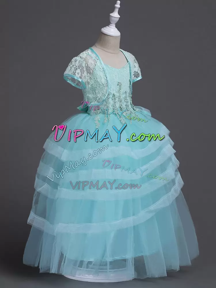 Attractive Floor Length Aqua Blue Flower Girl Dresses Spaghetti Straps Sleeveless Zipper