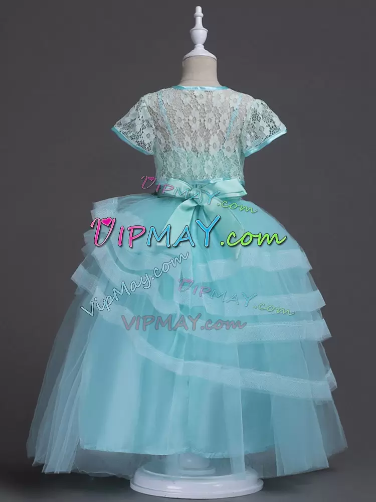 Attractive Floor Length Aqua Blue Flower Girl Dresses Spaghetti Straps Sleeveless Zipper