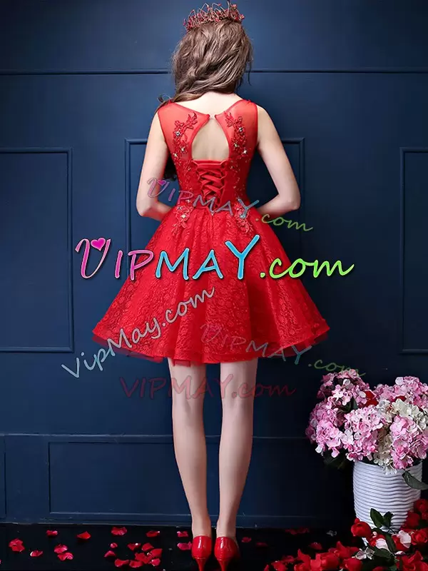 Knee Length Wedding Party Dress Tulle Sleeveless Beading and Lace