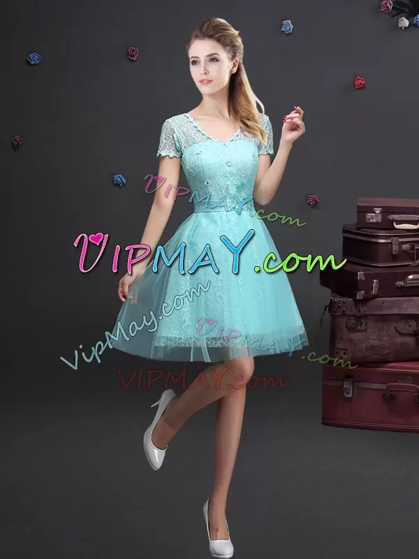 Elegant Aqua Blue Tulle Lace Up Bridesmaid Dress Short Sleeves Mini Length Lace and Appliques and Belt
