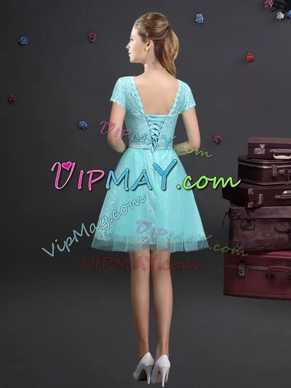 Elegant Aqua Blue Tulle Lace Up Bridesmaid Dress Short Sleeves Mini Length Lace and Appliques and Belt
