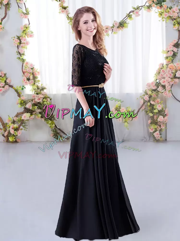 Vintage Champagne Chiffon Zipper Bridesmaid Dresses Half Sleeves Floor Length Lace and Belt