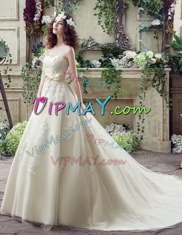 Flirting Sweetheart Sleeveless Tulle Wedding Dress Lace and Appliques and Bowknot Court Train Lace Up