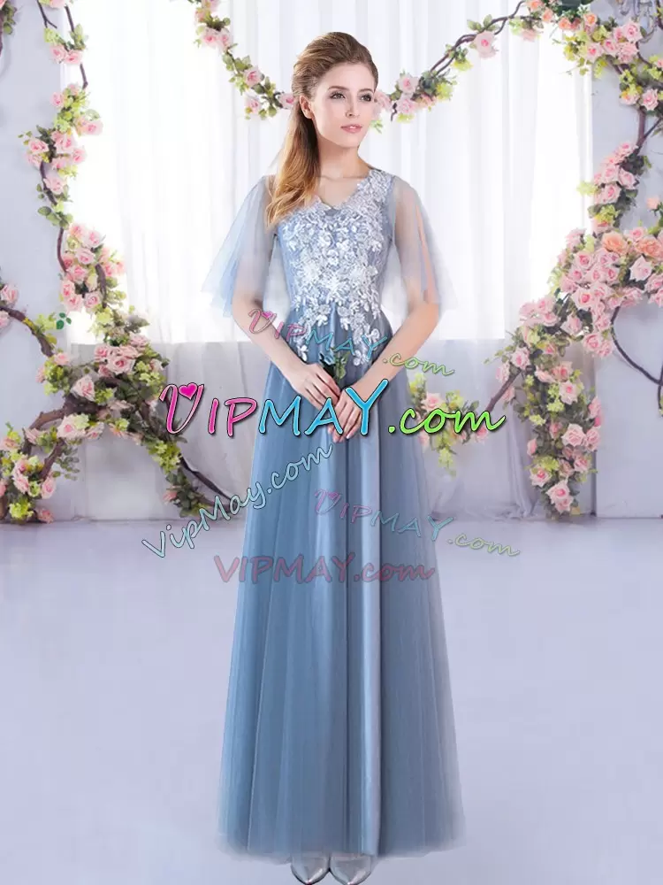 Blue A-line V-neck Half Sleeves Tulle Floor Length Lace Up Lace Bridesmaid Gown