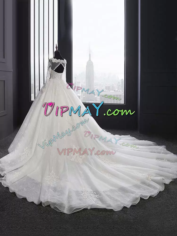 Custom Designed White Ball Gowns Tulle Scalloped Long Sleeves Lace and Appliques Lace Up Bridal Gown Chapel Train