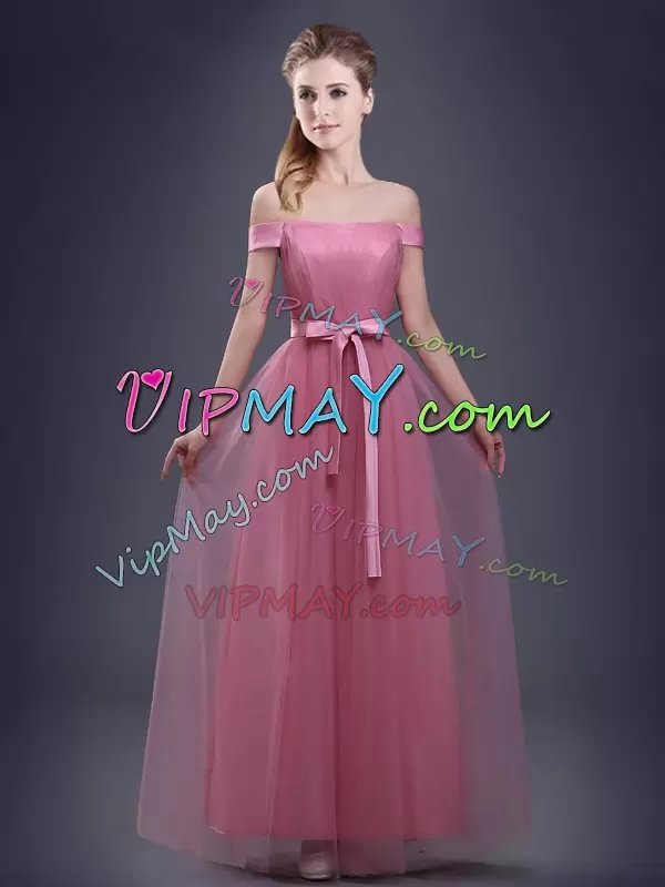 Sleeveless Floor Length Beading and Appliques and Ruching and Bowknot and Hand Made Flower Lace Up Bridesmaids Dress with Pink