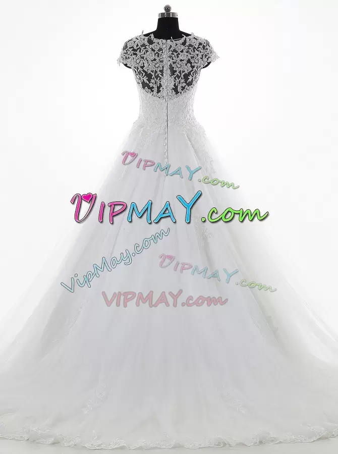 Captivating White Ball Gowns Tulle and Lace Scoop Short Sleeves Lace and Appliques With Train Clasp Handle Wedding Gown Brush Train