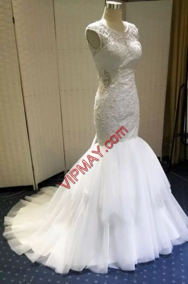 Stunning Sleeveless Scoop Sweep Train Lace Lace Up Bridal Gown