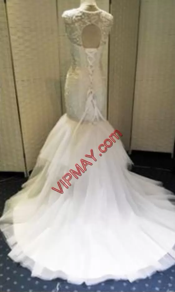 Stunning Sleeveless Scoop Sweep Train Lace Lace Up Bridal Gown