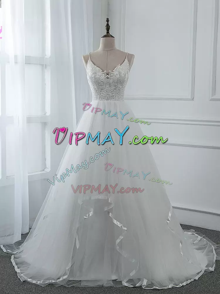 Wonderful Sleeveless Tulle Brush Train Backless Bridal Gown in White with Lace