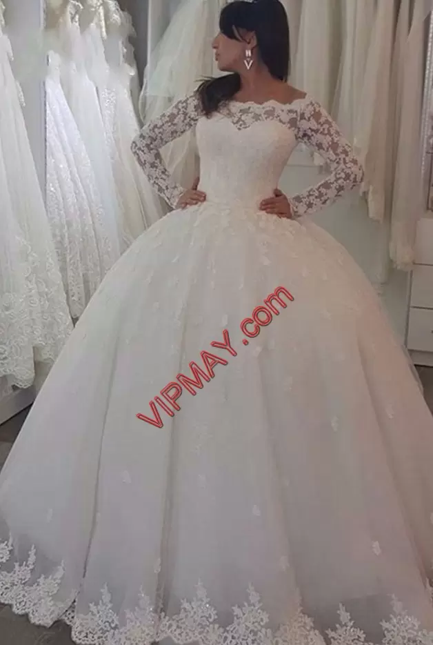 Off The Shoulder Long Sleeves Bridal Gown Beading and Appliques White Tulle