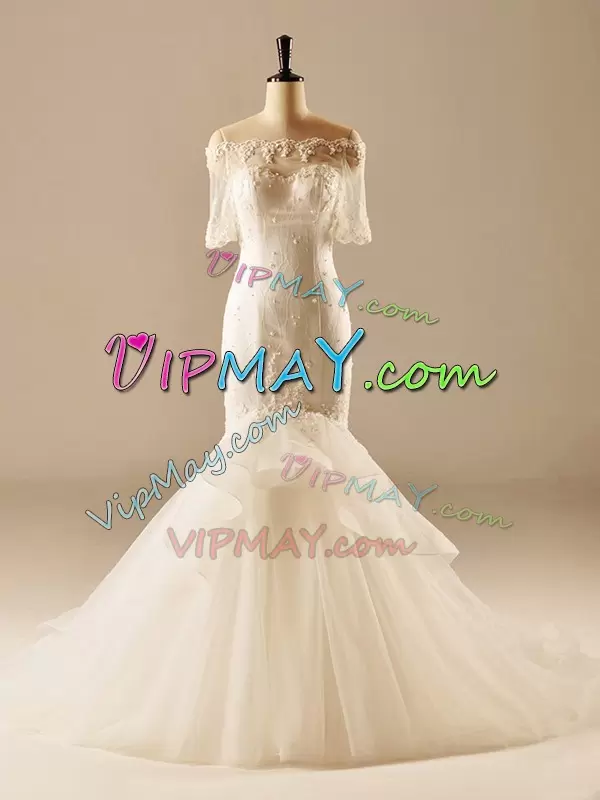 Fantastic Half Sleeves Beading and Lace Zipper Bridal Gown with White Brush Train