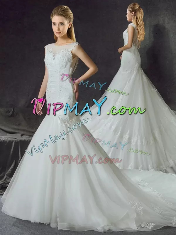 Custom Fit White Mermaid Scoop Sleeveless Tulle With Train Court Train Side Zipper Lace and Appliques Wedding Dress