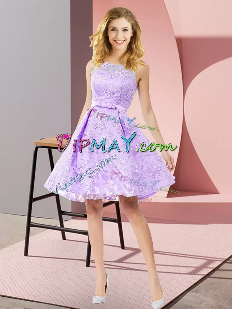 Colorful Lavender A-line Lace Scoop Sleeveless Bowknot Knee Length Zipper Bridesmaids Dress