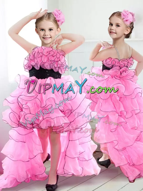 high low flower girl dress,high low pageant dress for little girls,organza flower girl dress with ruffled skirt,organza little girl pageant dress,flower girl dress spaghetti straps,high low dress with straps,pink flower girl dress,