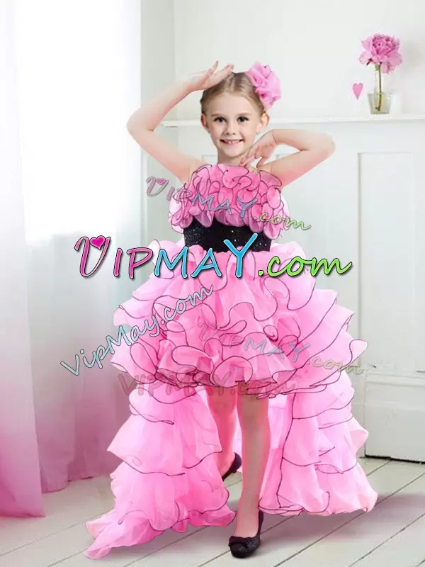 high low flower girl dress,high low pageant dress for little girls,organza flower girl dress with ruffled skirt,organza little girl pageant dress,flower girl dress spaghetti straps,high low dress with straps,pink flower girl dress,