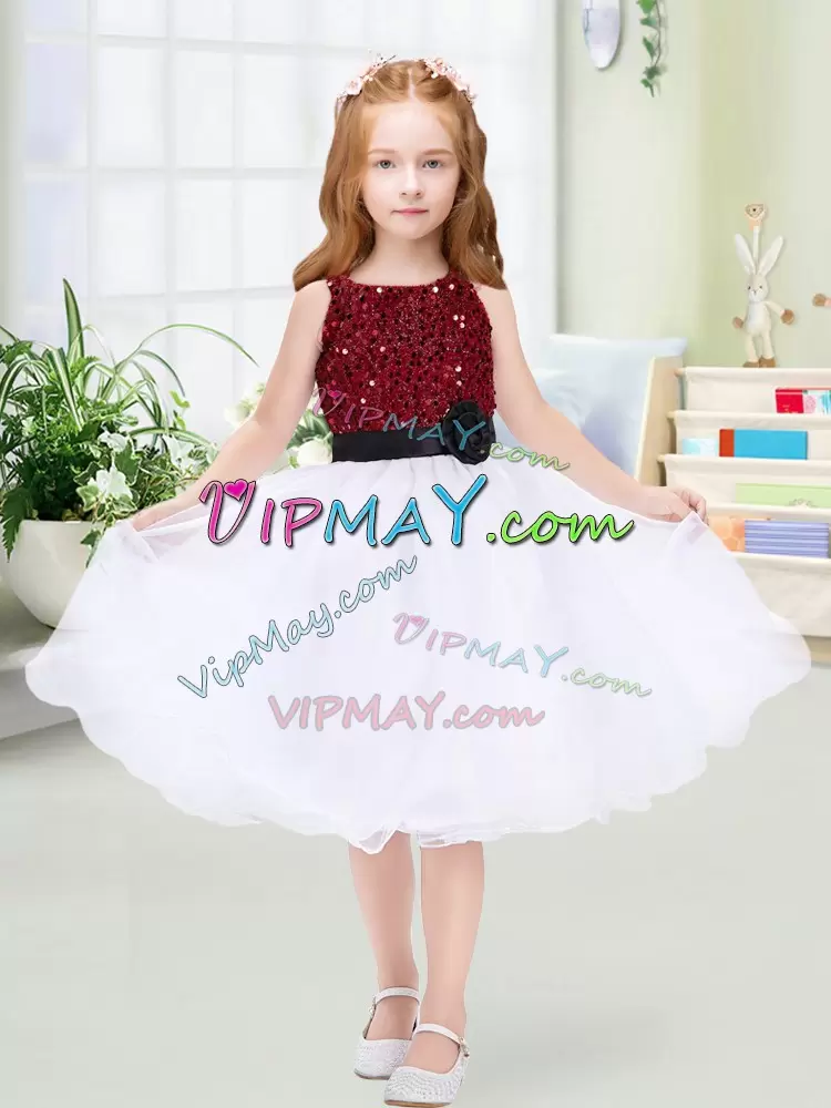 Designer Scoop Sleeveless Organza Flower Girl Dress Sequins and Hand Made Flower Zipper